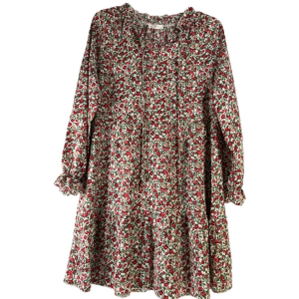Kirundo Red Rose Floral Long Sleeve Keyhole Ruffle Hem Boho Dress S